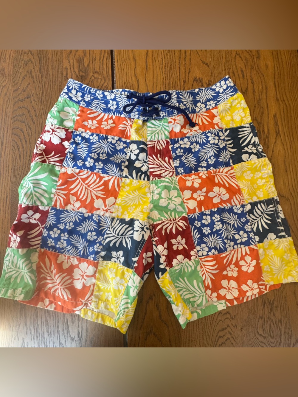 J. Crew Multicolor Floral Patchwork Swim Trunks - Blue, Red, Green, Yellow